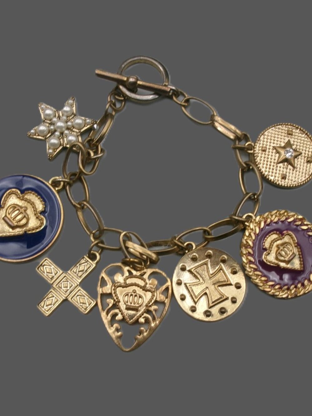 Vintage Heraldic Regal Religious Charm Bracelet, Crown Crosses